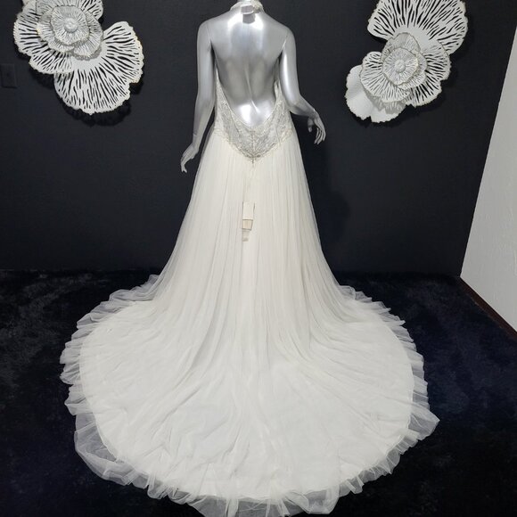 NWT~$1750~SOPHIA TOLLI~12~IVORY BEADED LACE FIT & FLARE HALTER WEDDING DRESS - Picture 11 of 16